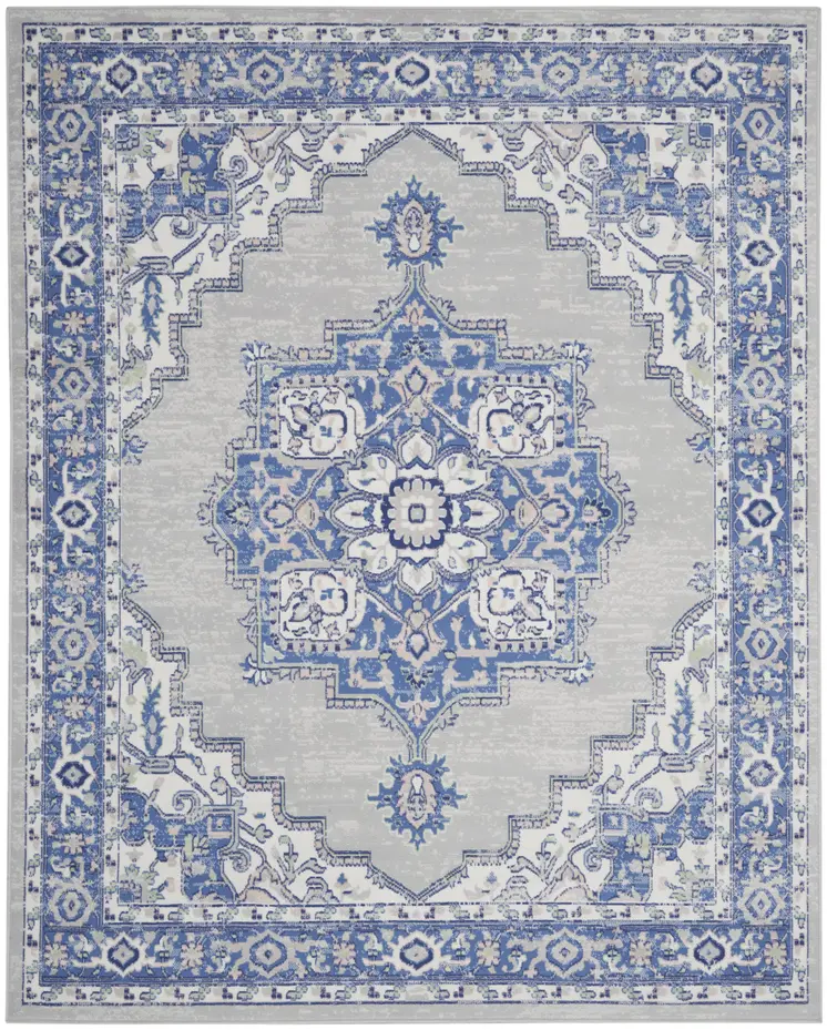 8' X 10' Ivory Blue and Gray Floral Medallion Distressed Non Skid Area Rug