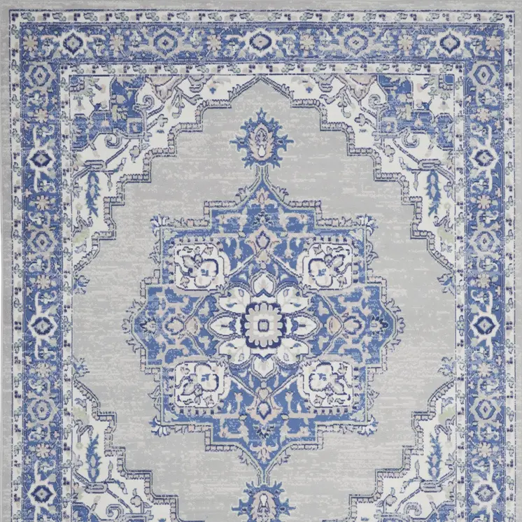 8' X 10' Ivory Blue and Gray Floral Medallion Distressed Non Skid Area Rug