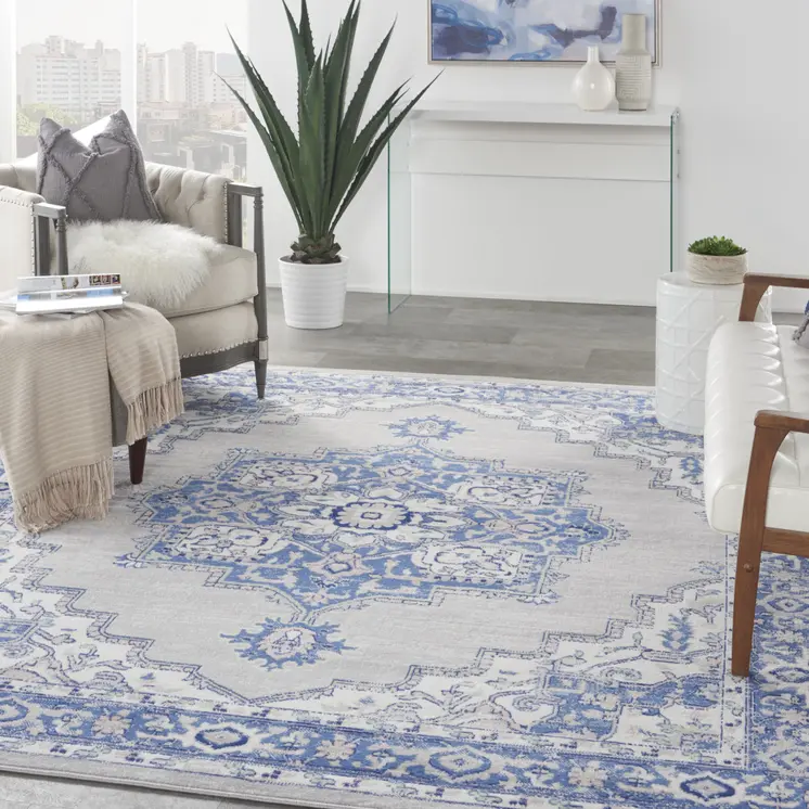 8' X 10' Ivory Blue and Gray Floral Medallion Distressed Non Skid Area Rug