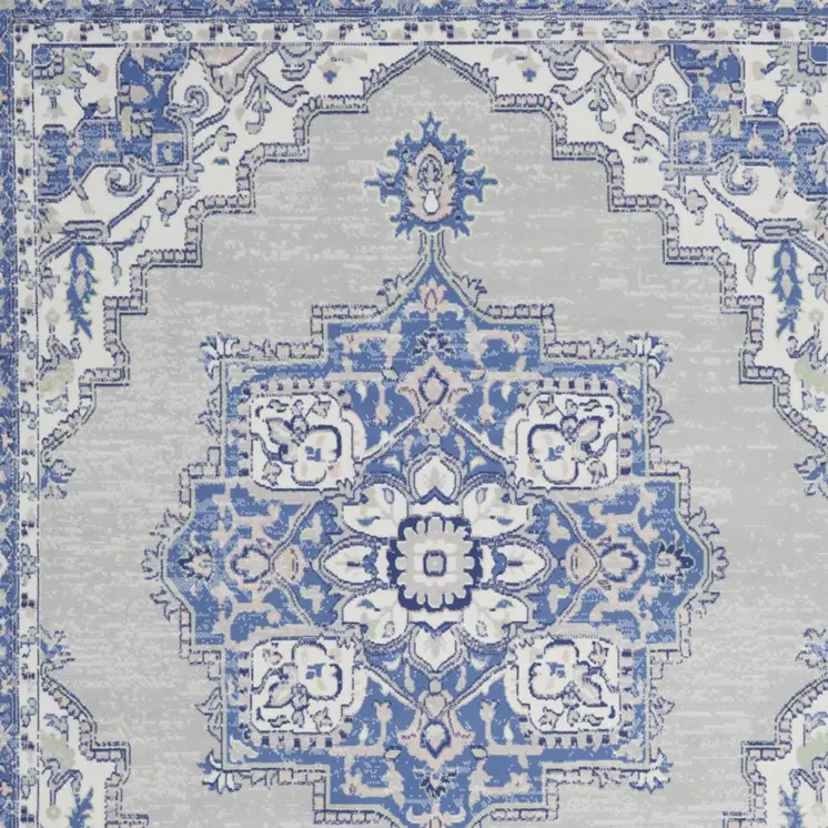 8' X 10' Ivory Blue and Gray Floral Medallion Distressed Non Skid Area Rug