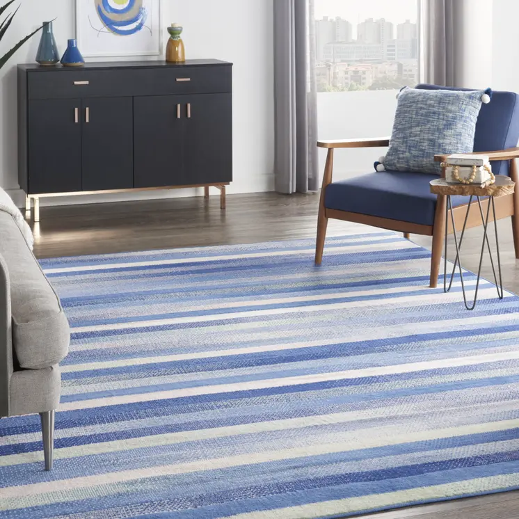 8' X 10' Ivory Tan and Blue Abstract Distressed Non Skid Area Rug