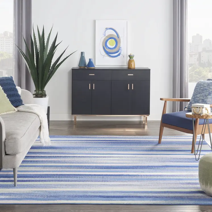 8' X 10' Ivory Tan and Blue Abstract Distressed Non Skid Area Rug