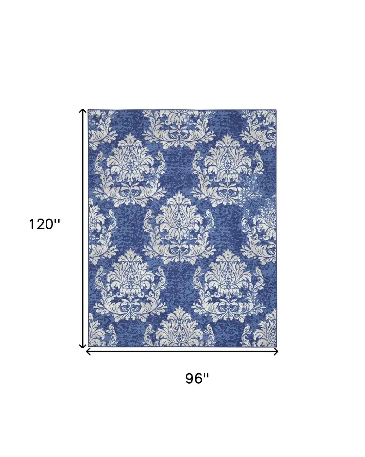 8' X 10' Navy Blue and Ivory Damask Distressed Non Skid Area Rug