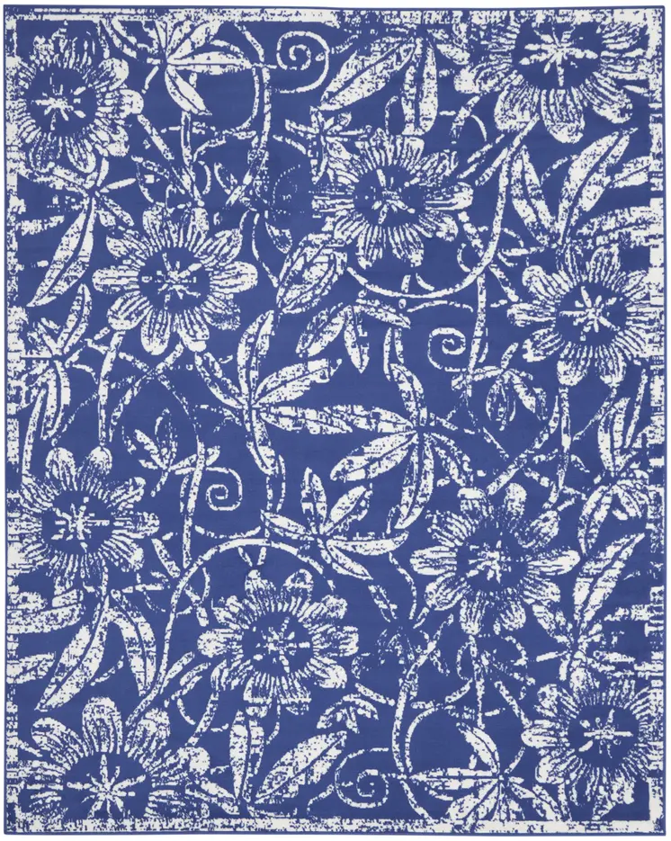 8' X 10' Ivory and Navy Blue Floral Distressed Non Skid Area Rug