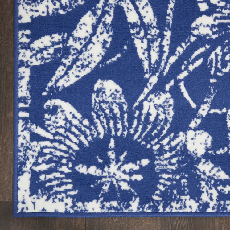 8' X 10' Ivory and Navy Blue Floral Distressed Non Skid Area Rug