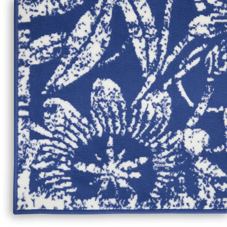 8' X 10' Ivory and Navy Blue Floral Distressed Non Skid Area Rug