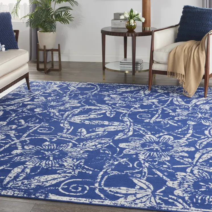 8' X 10' Ivory and Navy Blue Floral Distressed Non Skid Area Rug