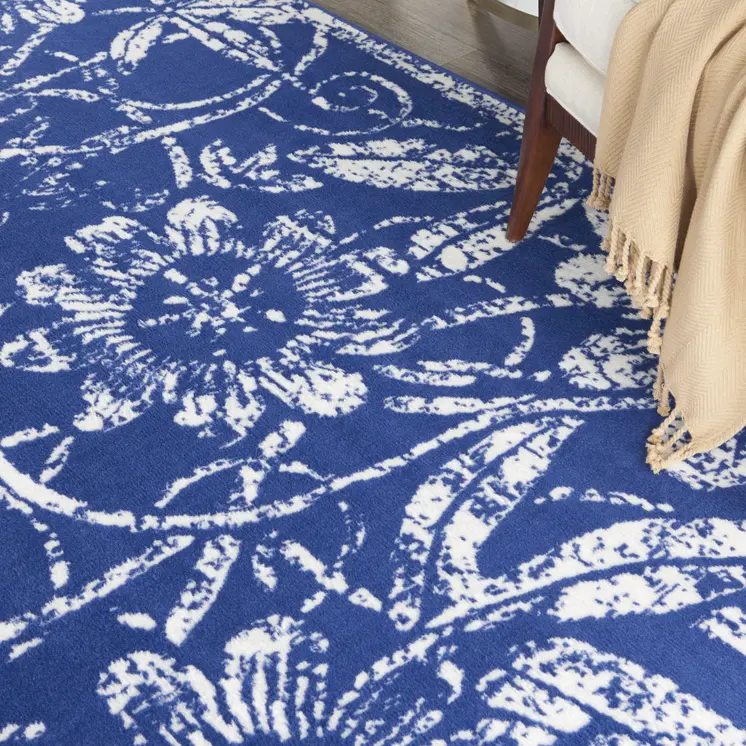 8' X 10' Ivory and Navy Blue Floral Distressed Non Skid Area Rug