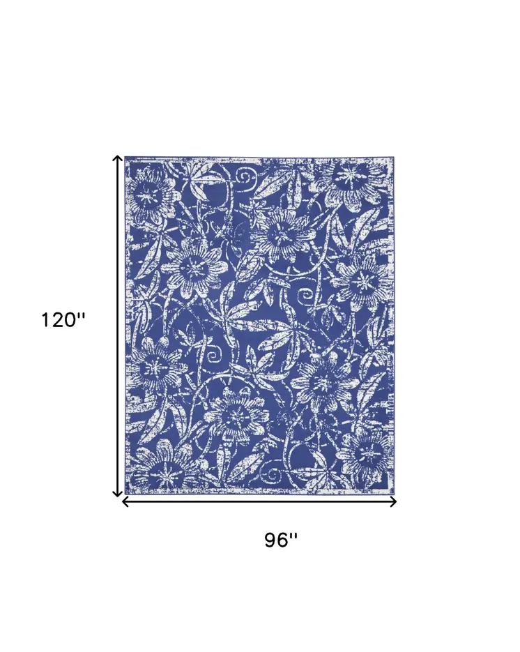 8' X 10' Ivory and Navy Blue Floral Distressed Non Skid Area Rug