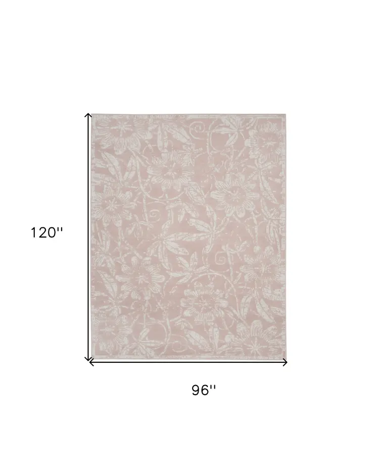 8' X 10' Pink and Ivory Floral Distressed Non Skid Area Rug