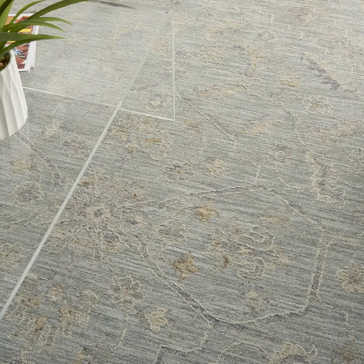 8' X 10' Teal and Ivory Floral Power Loom Area Rug