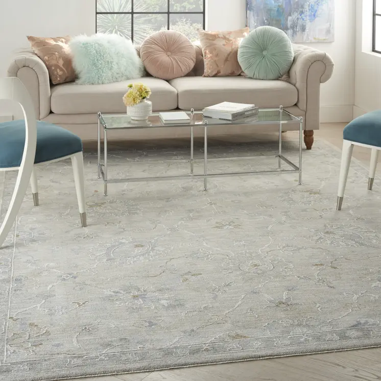 8' X 10' Gray and Blue Floral Power Loom Area Rug