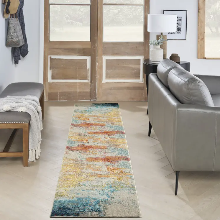 14' Blue and Orange Abstract Non Skid Runner Rug