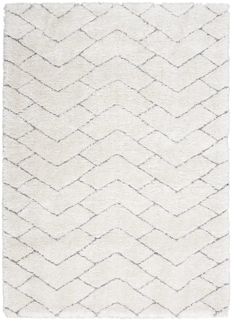 5' X 7' Ivory and Gray Chevron Shag Area Rug