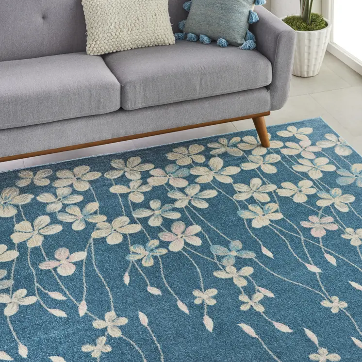 8' X 10' Turquoise and Cream Floral Area Rug
