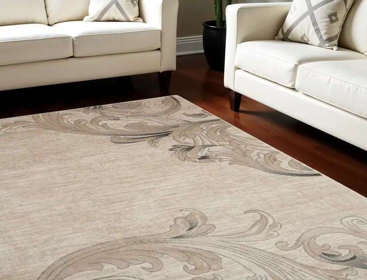 8' X 11' Tan Black and Ivory Damask Non Skid Area Rug