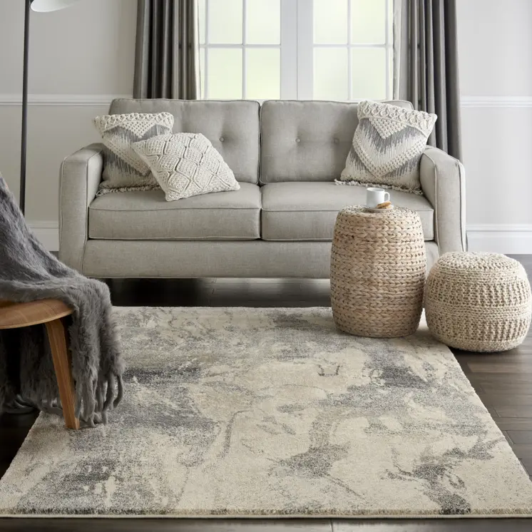 5' X 7' Cream and Gray Abstract Distressed Area Rug