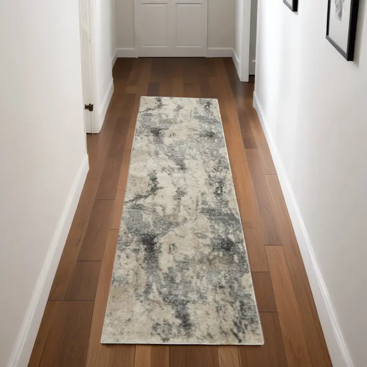 8' Cream and Gray Abstract Distressed Runner Rug
