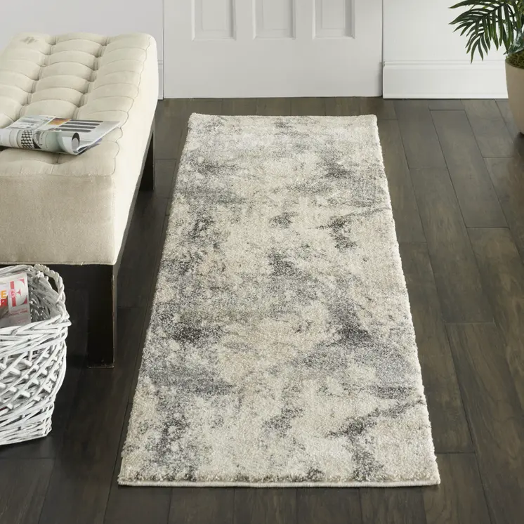 8' Cream and Gray Abstract Distressed Runner Rug
