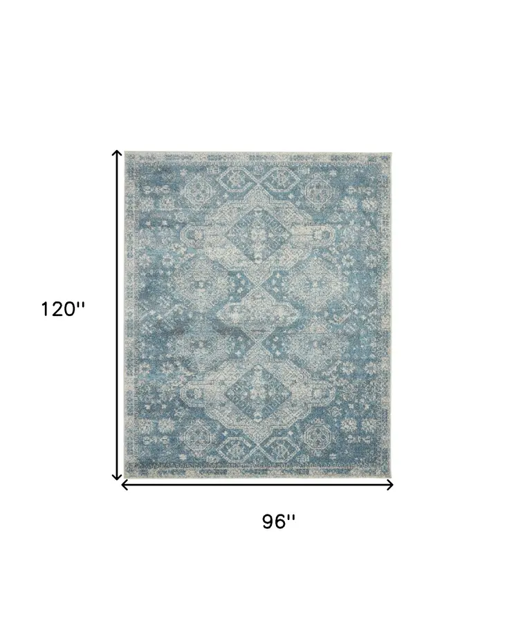 8' X 10' Ivory and Light Blue Geometric Distressed Area Rug