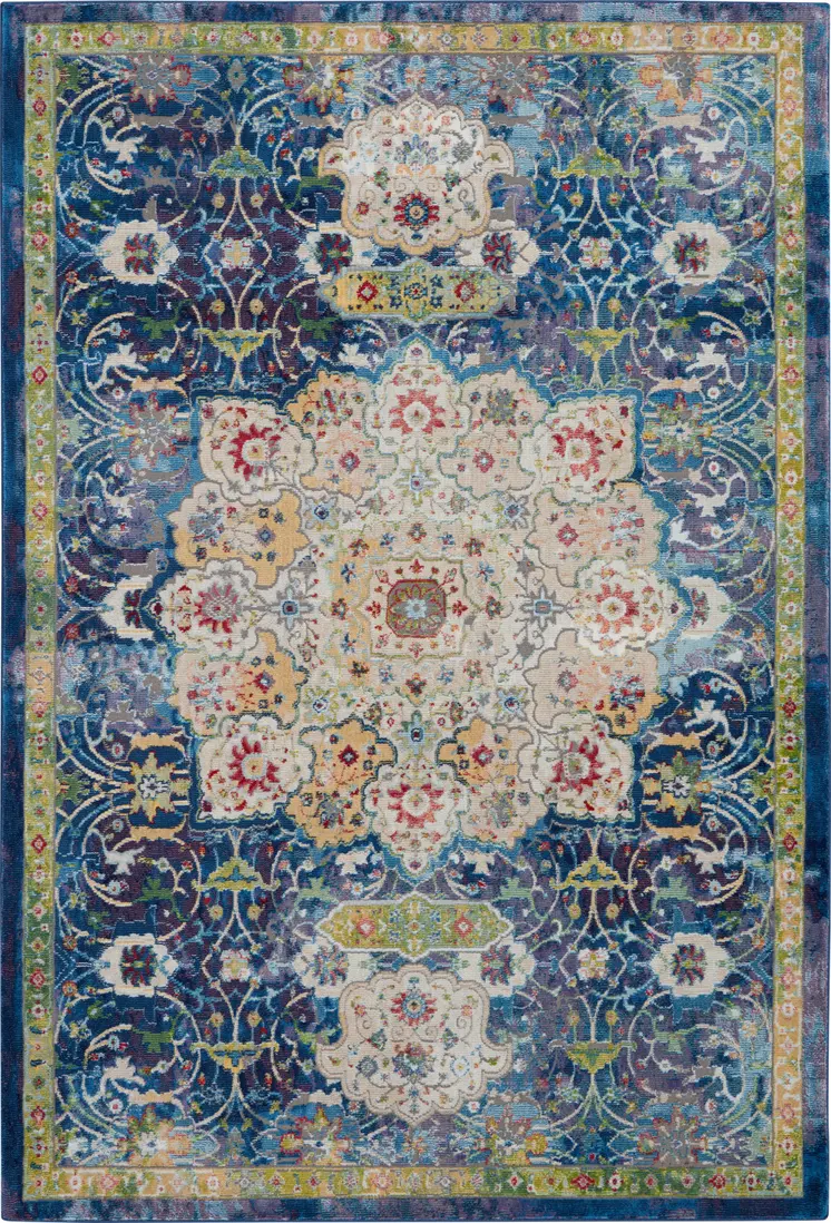 5' X 8' Ivory Blue and Green Floral Medallion Distressed Non Skid Area Rug