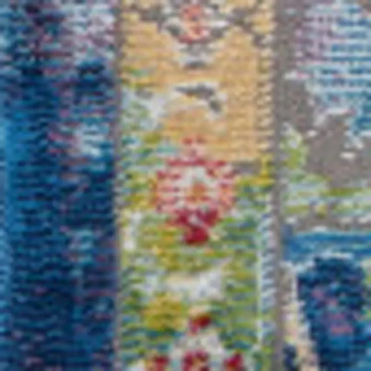 5' X 8' Ivory Blue and Green Floral Medallion Distressed Non Skid Area Rug