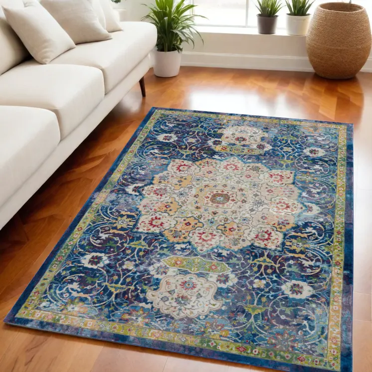 5' X 8' Ivory Blue and Green Floral Medallion Distressed Non Skid Area Rug