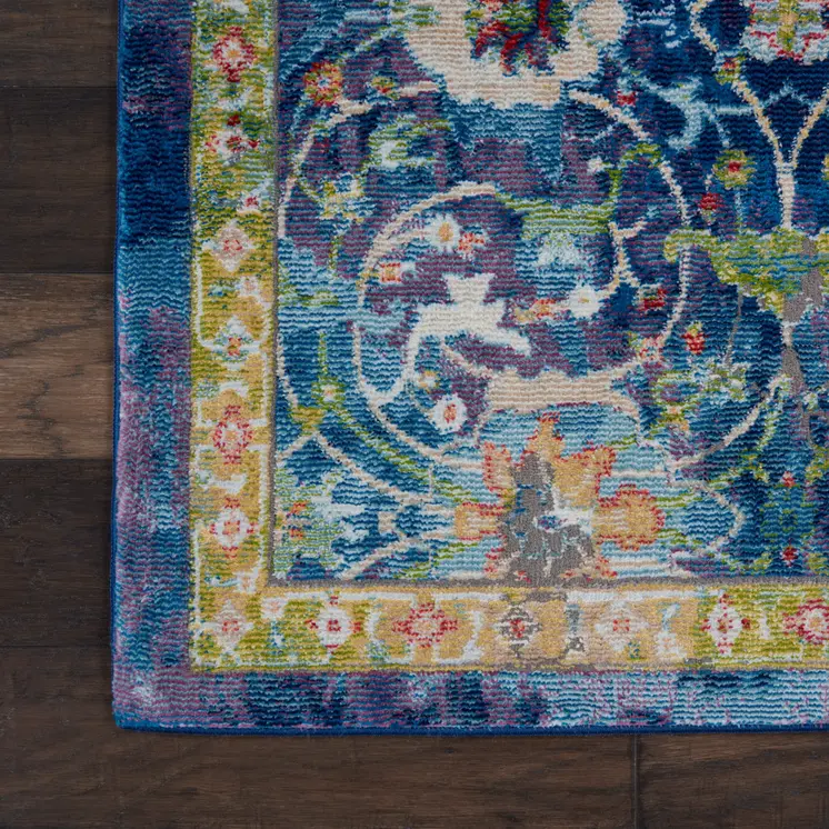 5' X 8' Ivory Blue and Green Floral Medallion Distressed Non Skid Area Rug