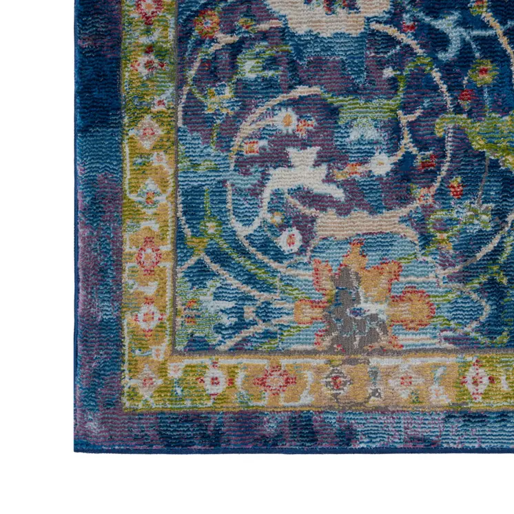 5' X 8' Ivory Blue and Green Floral Medallion Distressed Non Skid Area Rug