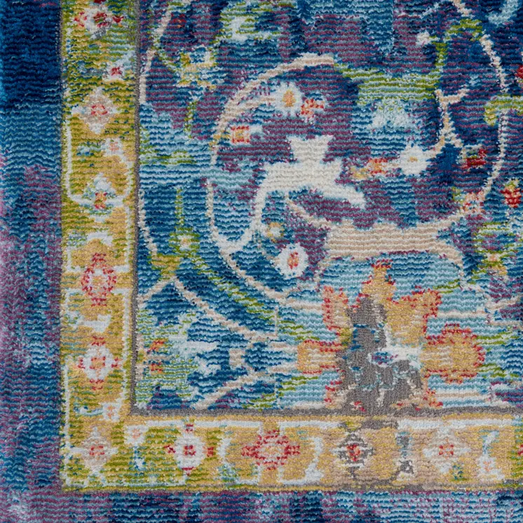 5' X 8' Ivory Blue and Green Floral Medallion Distressed Non Skid Area Rug
