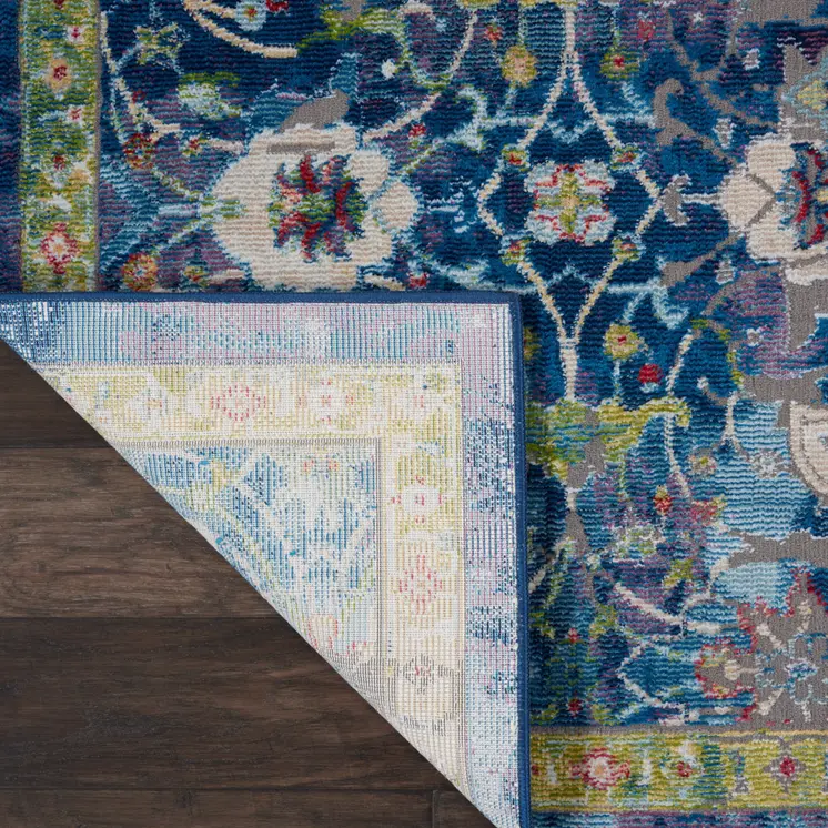 5' X 8' Ivory Blue and Green Floral Medallion Distressed Non Skid Area Rug