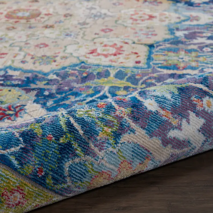 5' X 8' Ivory Blue and Green Floral Medallion Distressed Non Skid Area Rug