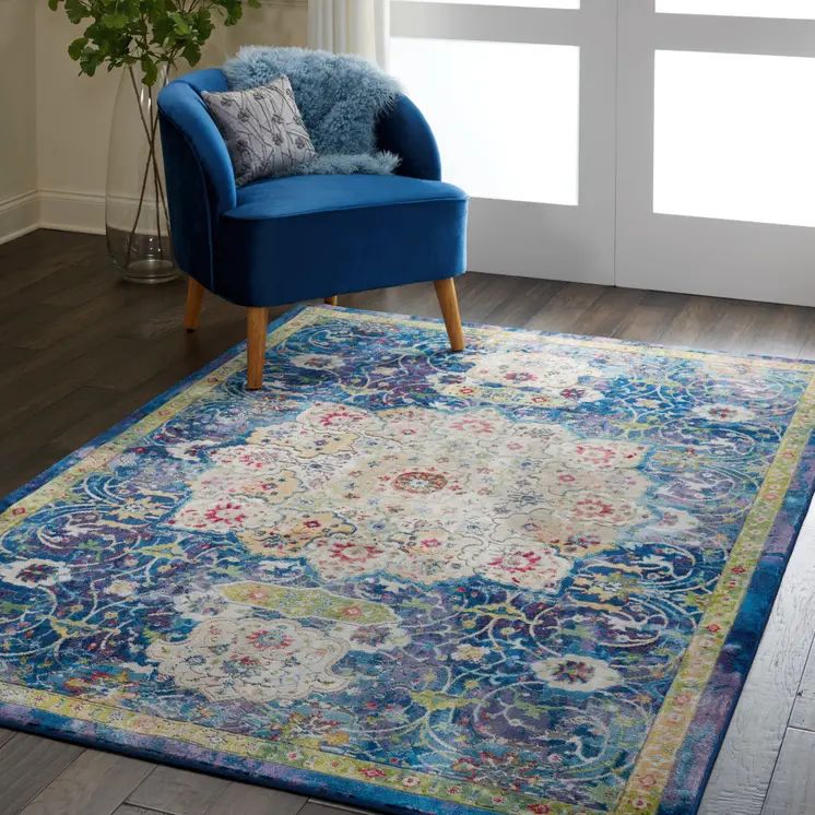 5' X 8' Ivory Blue and Green Floral Medallion Distressed Non Skid Area Rug