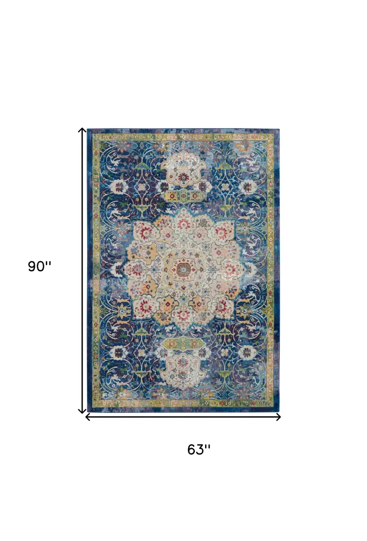 5' X 8' Ivory Blue and Green Floral Medallion Distressed Non Skid Area Rug