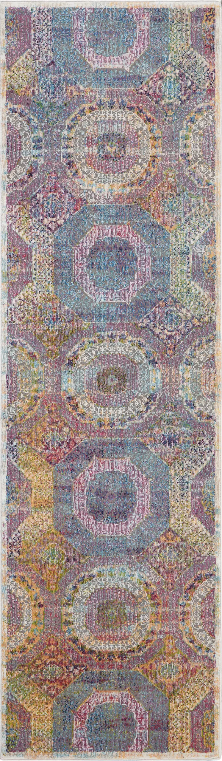 8' Blue Red and Orange Geometric Distressed Non Skid Runner Rug