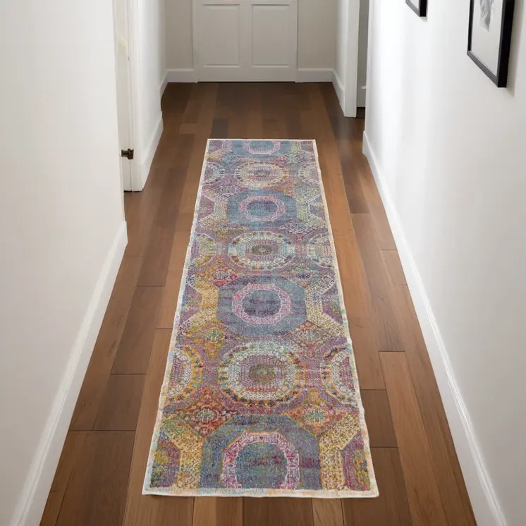 8' Blue Red and Orange Geometric Distressed Non Skid Runner Rug