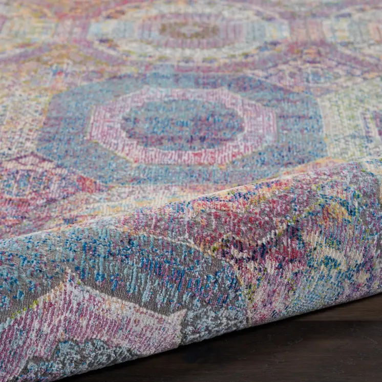 8' Blue Red and Orange Geometric Distressed Non Skid Runner Rug