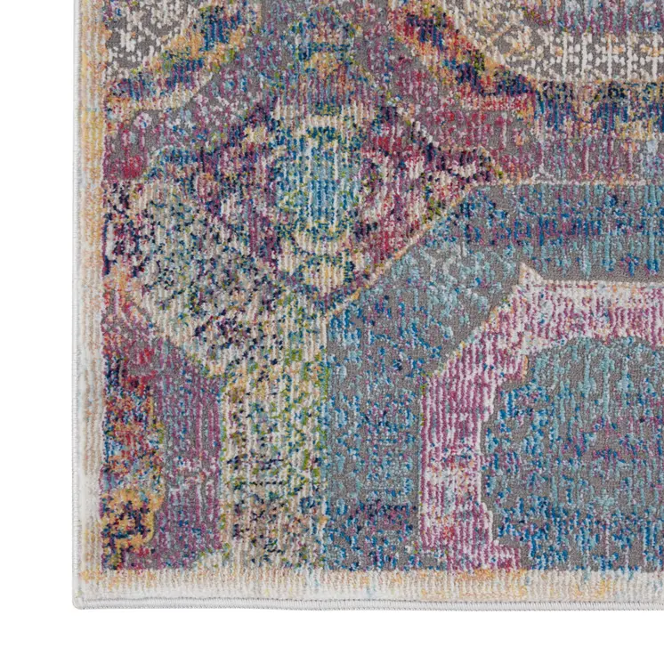 8' Blue Red and Orange Geometric Distressed Non Skid Runner Rug