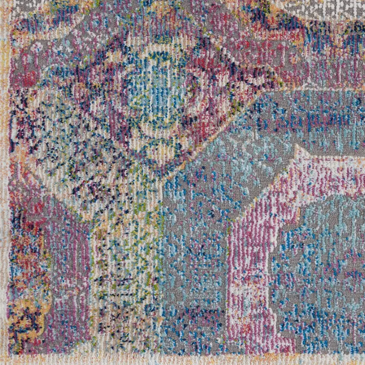8' Blue Red and Orange Geometric Distressed Non Skid Runner Rug