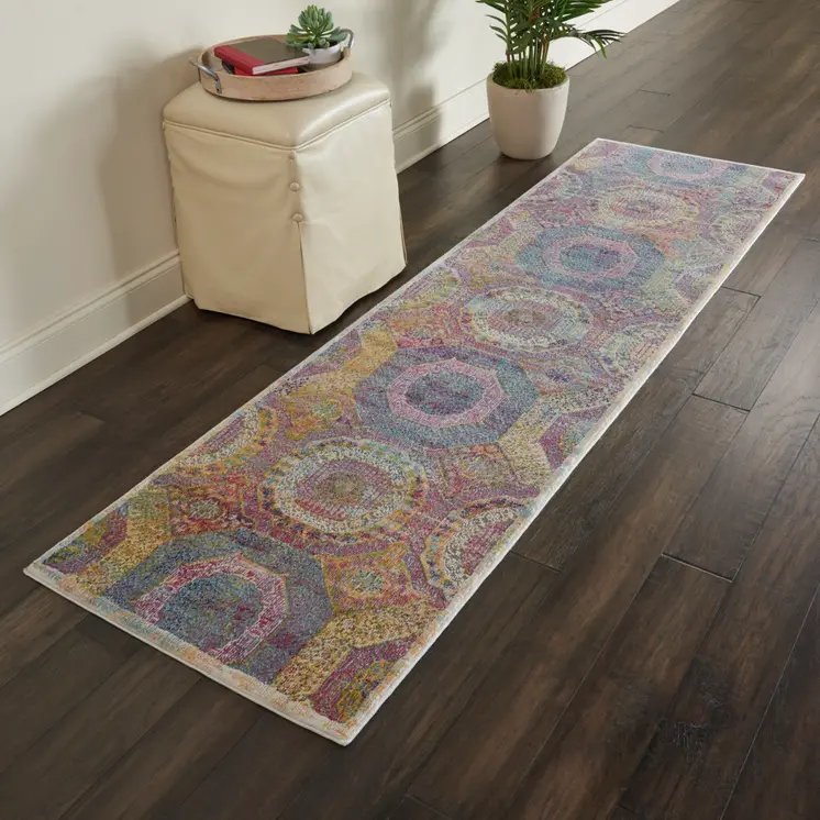 8' Blue Red and Orange Geometric Distressed Non Skid Runner Rug