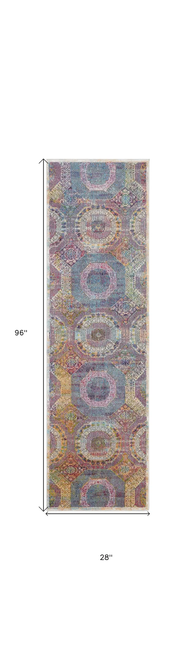 8' Blue Red and Orange Geometric Distressed Non Skid Runner Rug