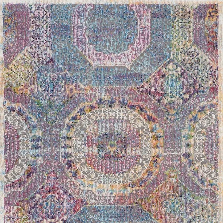 8' Blue Red and Orange Geometric Distressed Non Skid Runner Rug