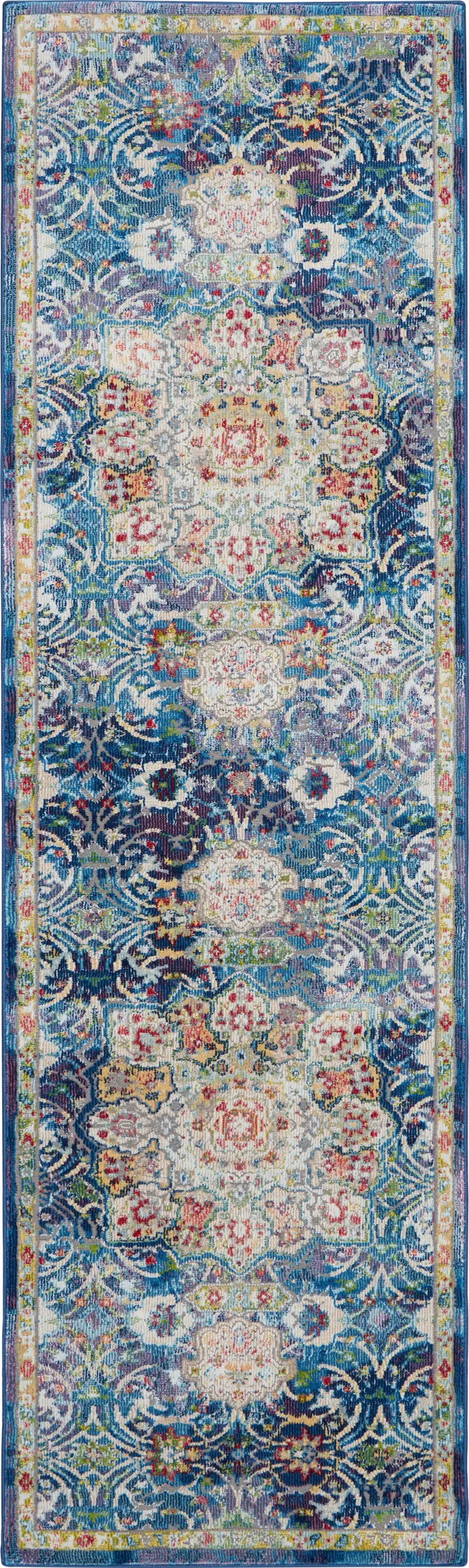 8' Navy Blue and Gold Floral Medallion Distressed Non Skid Runner Rug