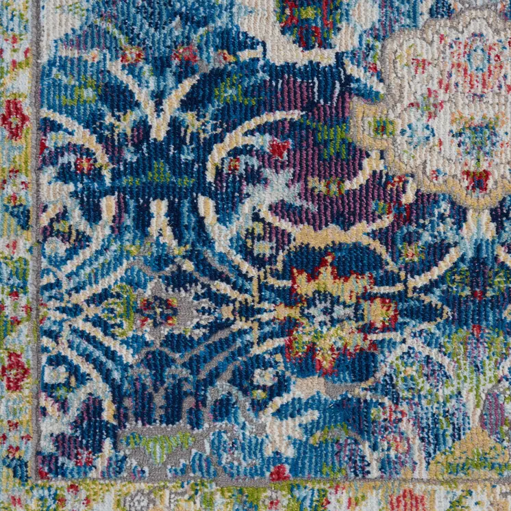 8' Navy Blue and Gold Floral Medallion Distressed Non Skid Runner Rug
