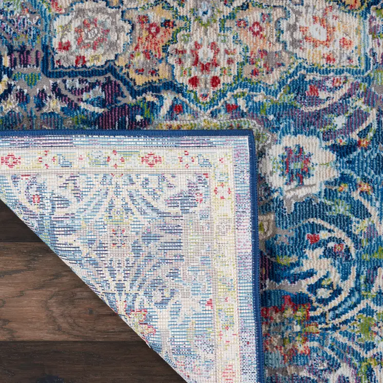 8' Navy Blue and Gold Floral Medallion Distressed Non Skid Runner Rug