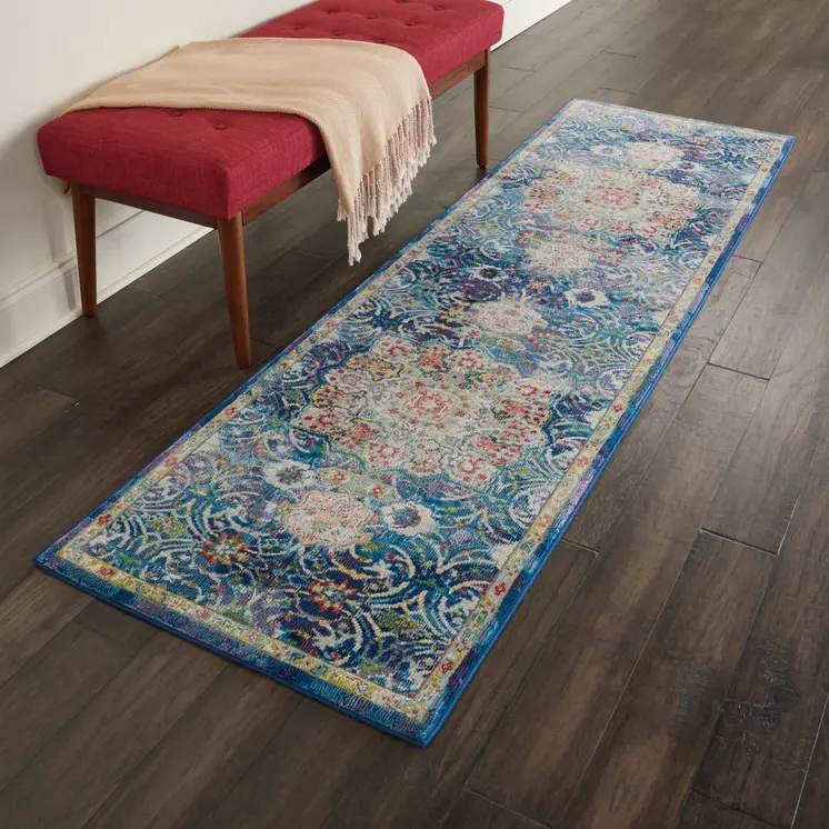 8' Navy Blue and Gold Floral Medallion Distressed Non Skid Runner Rug