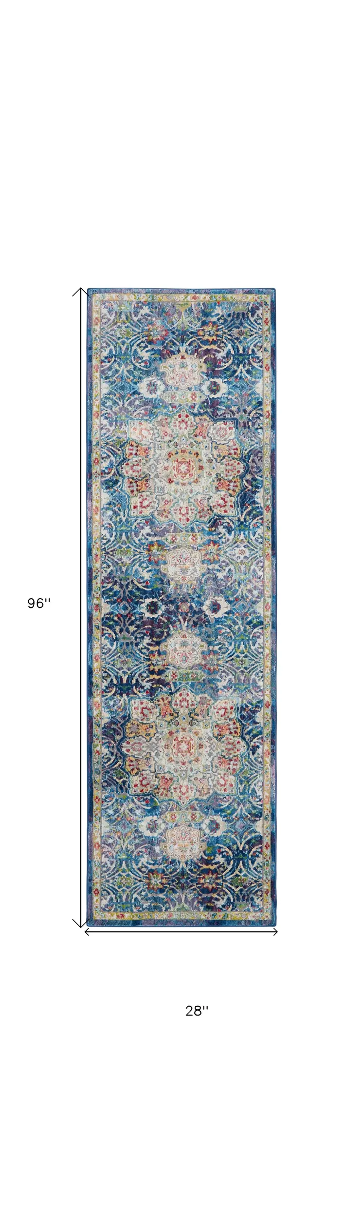 8' Navy Blue and Gold Floral Medallion Distressed Non Skid Runner Rug