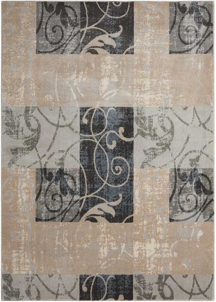 8' X 11' Tan Black and Ivory Floral Vines Non Skid Area Rug
