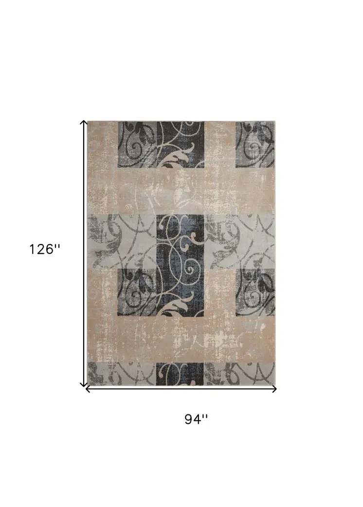 8' X 11' Tan Black and Ivory Floral Vines Non Skid Area Rug