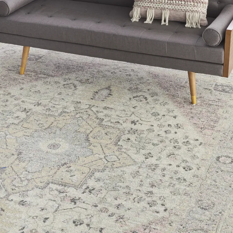 8' X 10' Ivory Pink And Gray Floral Medallion Distressed Area Rug
